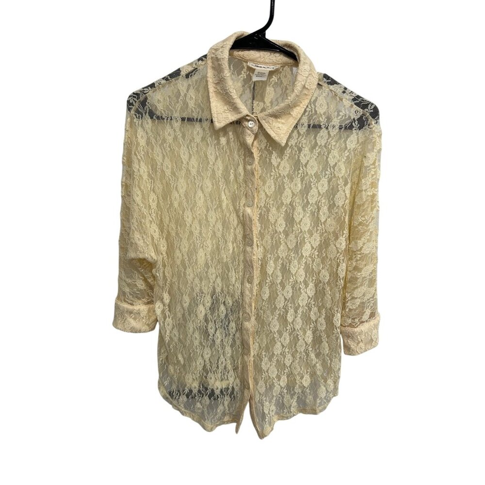 Belle Du Jour Sheer Butter Yellow Lace Button-Down Blouse Womens Sz Small